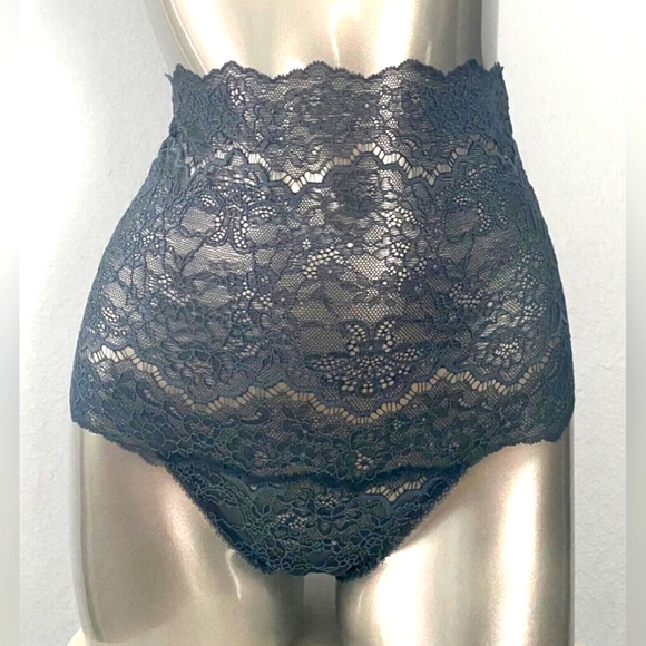 Victorias Secret Dusty Blue Corded Lace Nwt Black High Waist Thong Panties Small - Picture 1 of 3